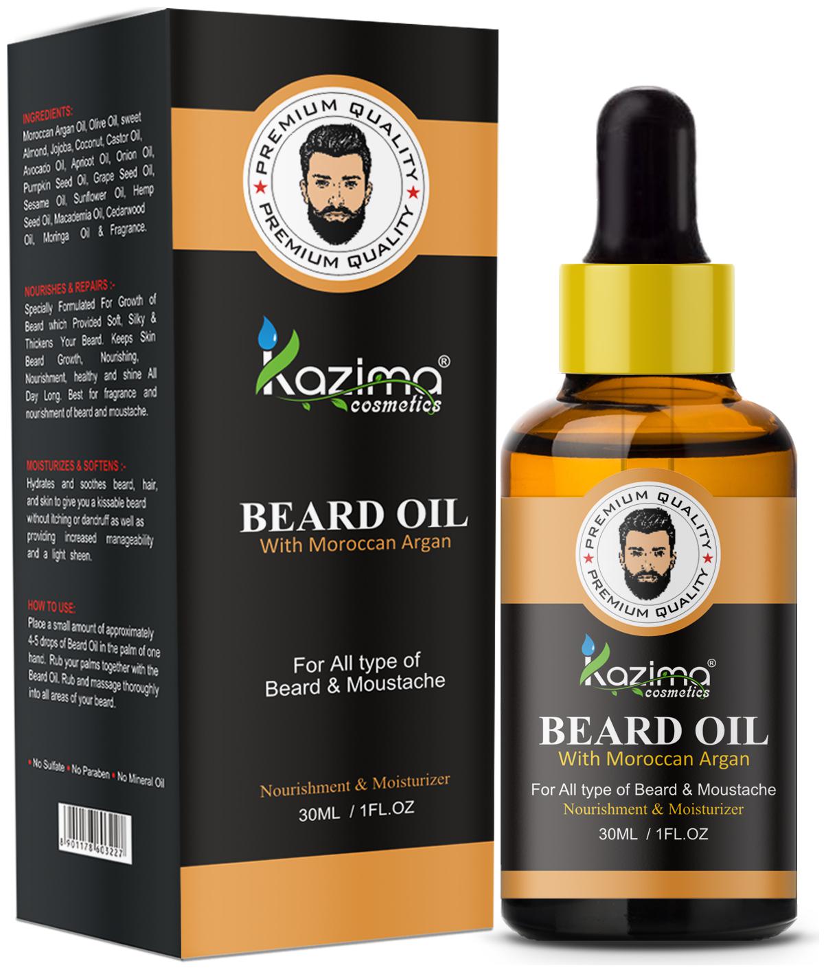 

KAZIMA Premium Quality Beard Moustache Oil For Men (30ml) - with Moroccan Argan Oil Ideal For Thick Soft And Healthy Hair growth Faster Growing Beard