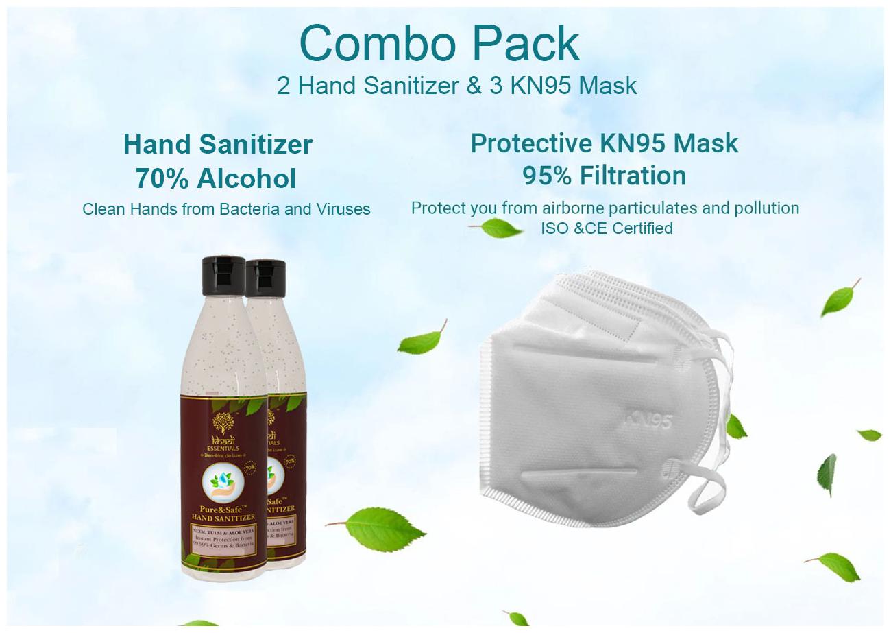 

Khadi Essential 2 pcs x 330ml Sanitizers (70 Alcohol) 3 pcs PD WSX KN 95 Masks