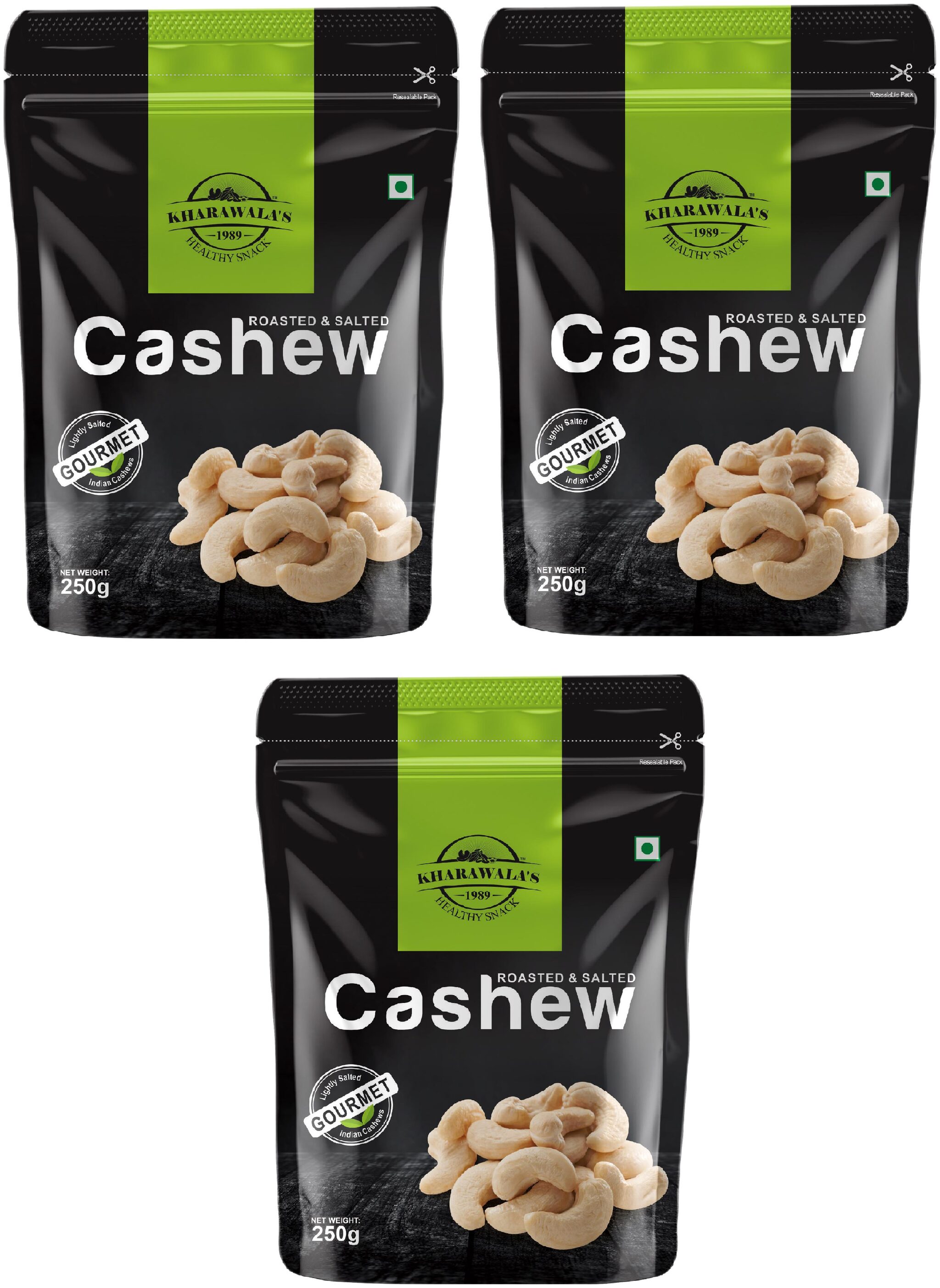 

KHARAWALA s W240 Grade Ratnagiri Salted Cashews (Kaju) 250 g each Pack of 3