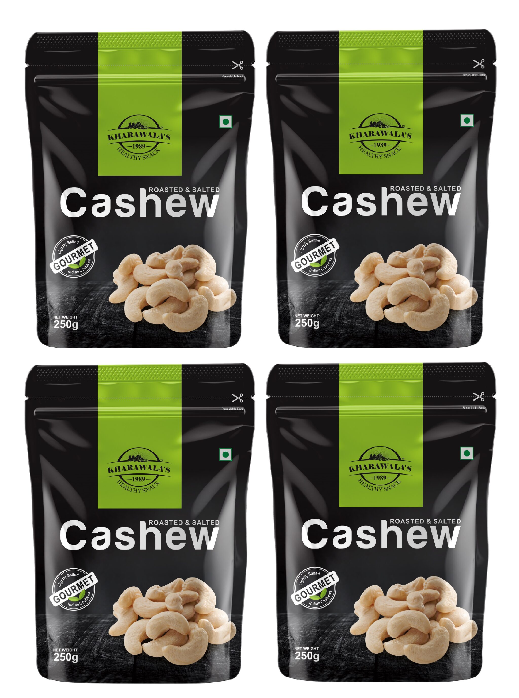 

KHARAWALA s W240 Grade Ratnagiri Salted Cashews (Kaju) 250 g each Pack of 4