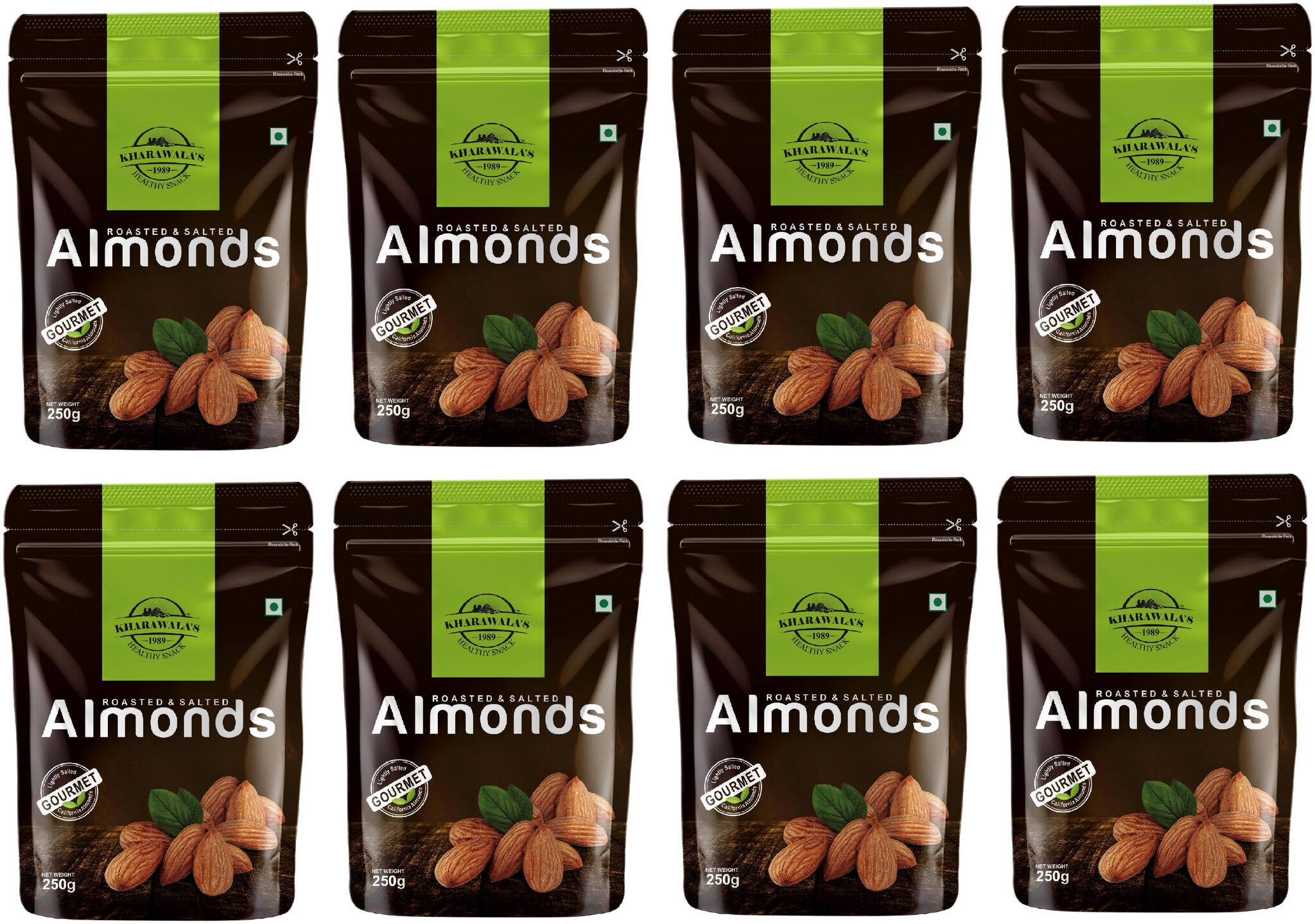 

KHARAWALA s California Roasted Salted Almonds (Badam) 250 g each Pack of 8