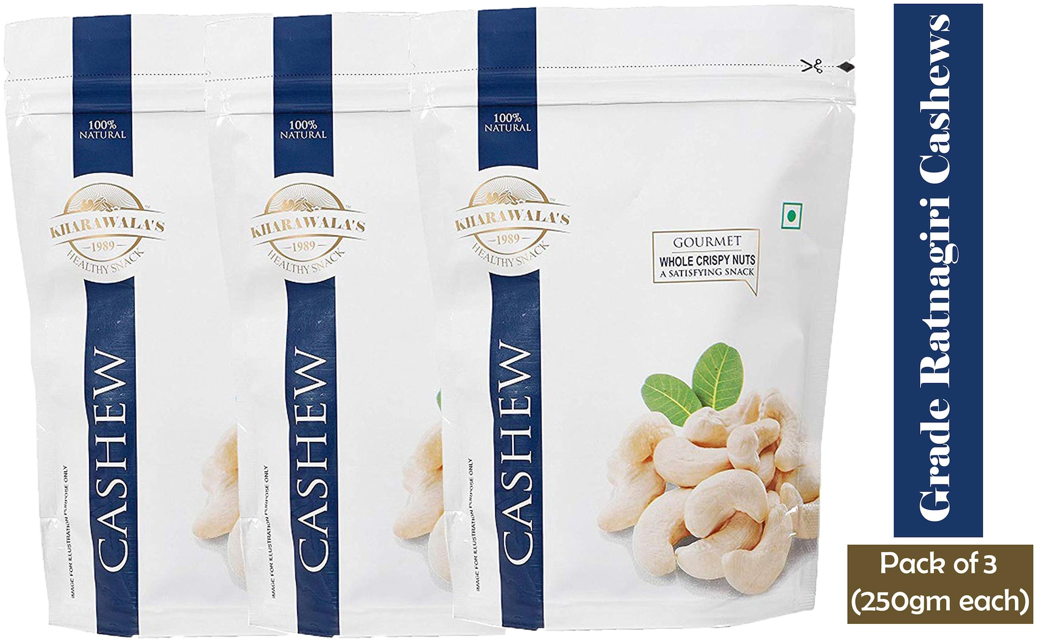 

KHARAWALA s W240 Grade Ratnagiri Cashews (Kaju) 250 g each Pack of 3
