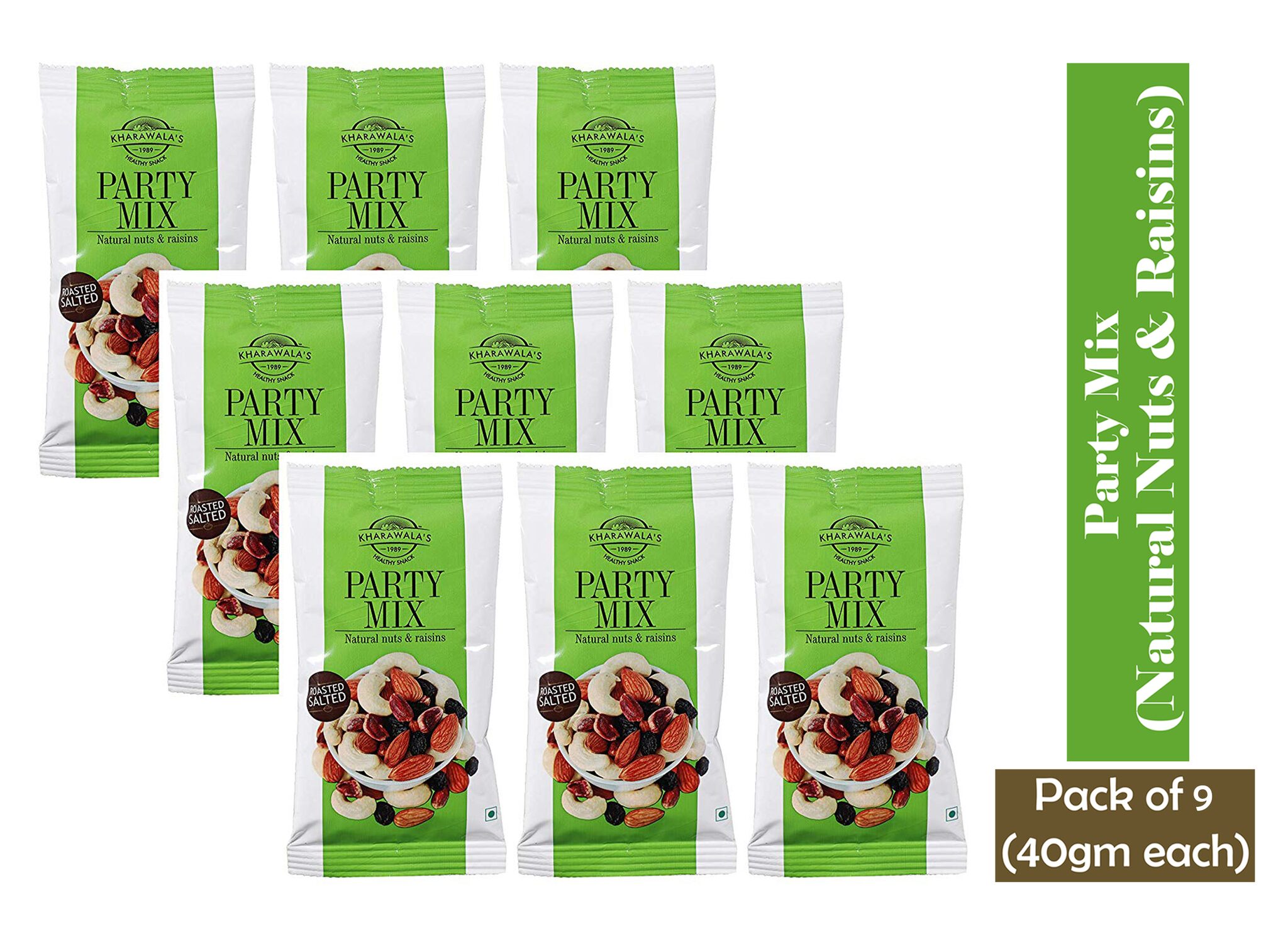 

KHARAWALA s Party Mix (Salted Nuts Raisins) Pack of 9-360 GMS (40 GMS Each)