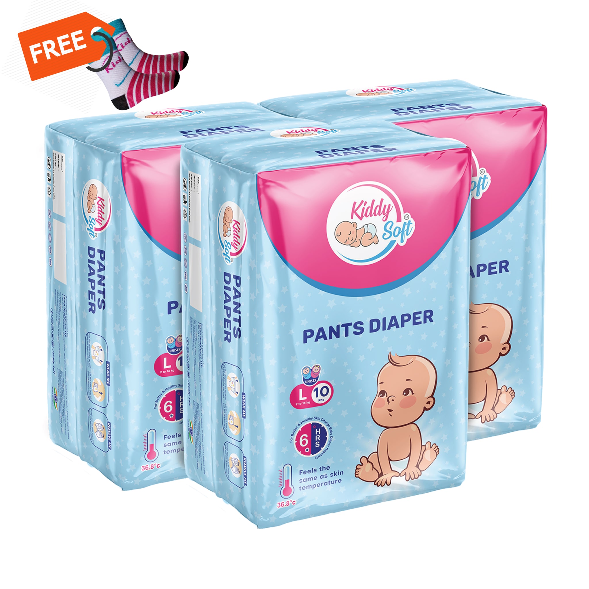 

Kiddysoft Pants Diaper Large-10 Pcs (Pack of 3) with Free BABY SOCKS Pair