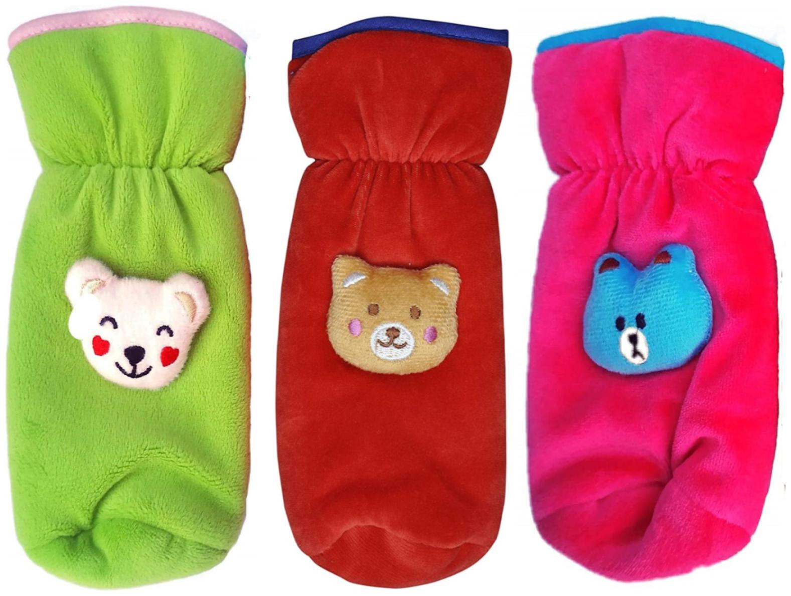 

Kidsify New Born Baby Soft Velvet Feeding Bottle Cover with Cartoon on The Front Multi Color (Pack of 3)