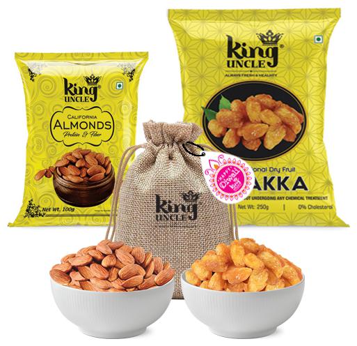 

King Uncle Dry Fruits Gift Combo of 100g Almonds 250g Munakka(Yellow Pouch)