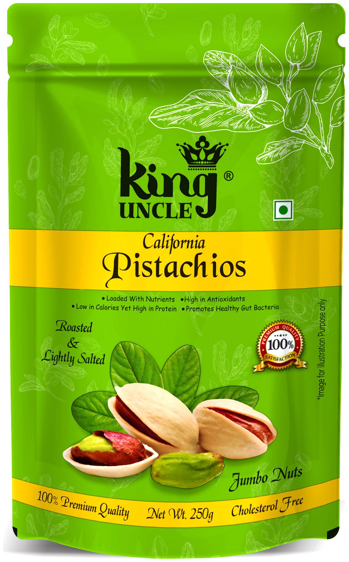 

King Uncle Premium Quality California Roasted and Lightly Salted Pistachios -Green pack 250g (Pack of 4)
