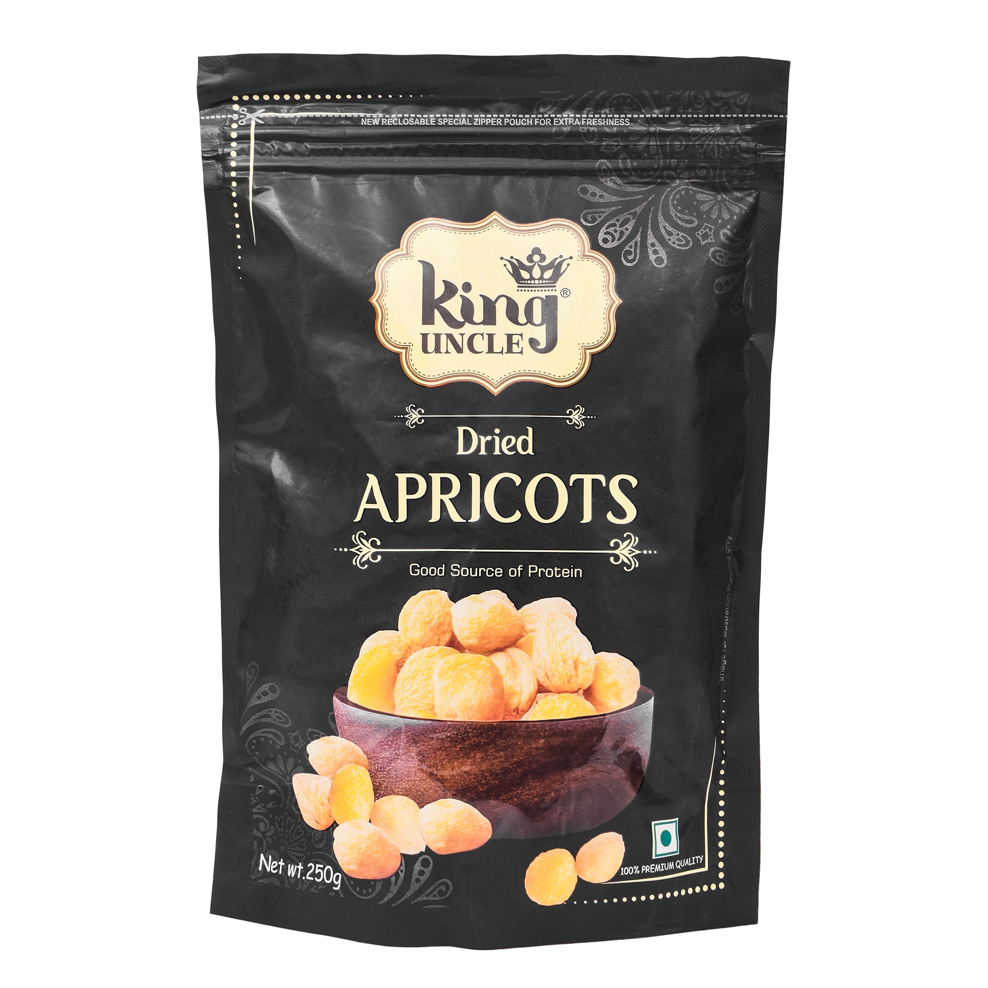

King Uncle s Premium Quality Dried Apricots (Organic) (Khumani) (Grade - Big Size) Black Pack 250g (Pack of 8)