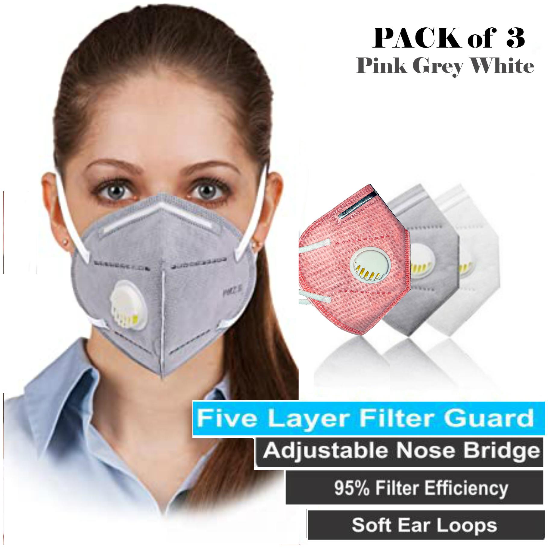 

Chrome Coral Anti pollution Activate KN95 Mask 5 Layer Washable Reusable Mask With Respirator (Pack Of 3)