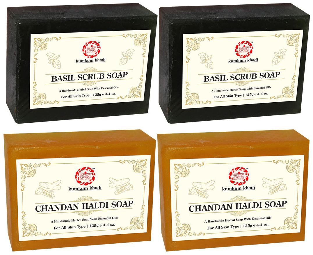 

Kumkum Khadi Herbal Basil Scrub and Chandan Haldi Soap Each 125g (Pack of 4)