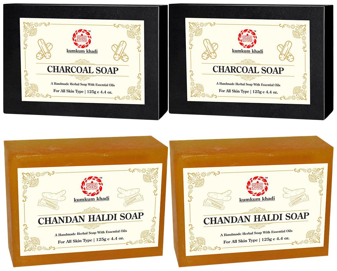 

Kumkum Khadi Herbal Charcoal and Chandan Haldi Soap Each 125g (Pack of 4)