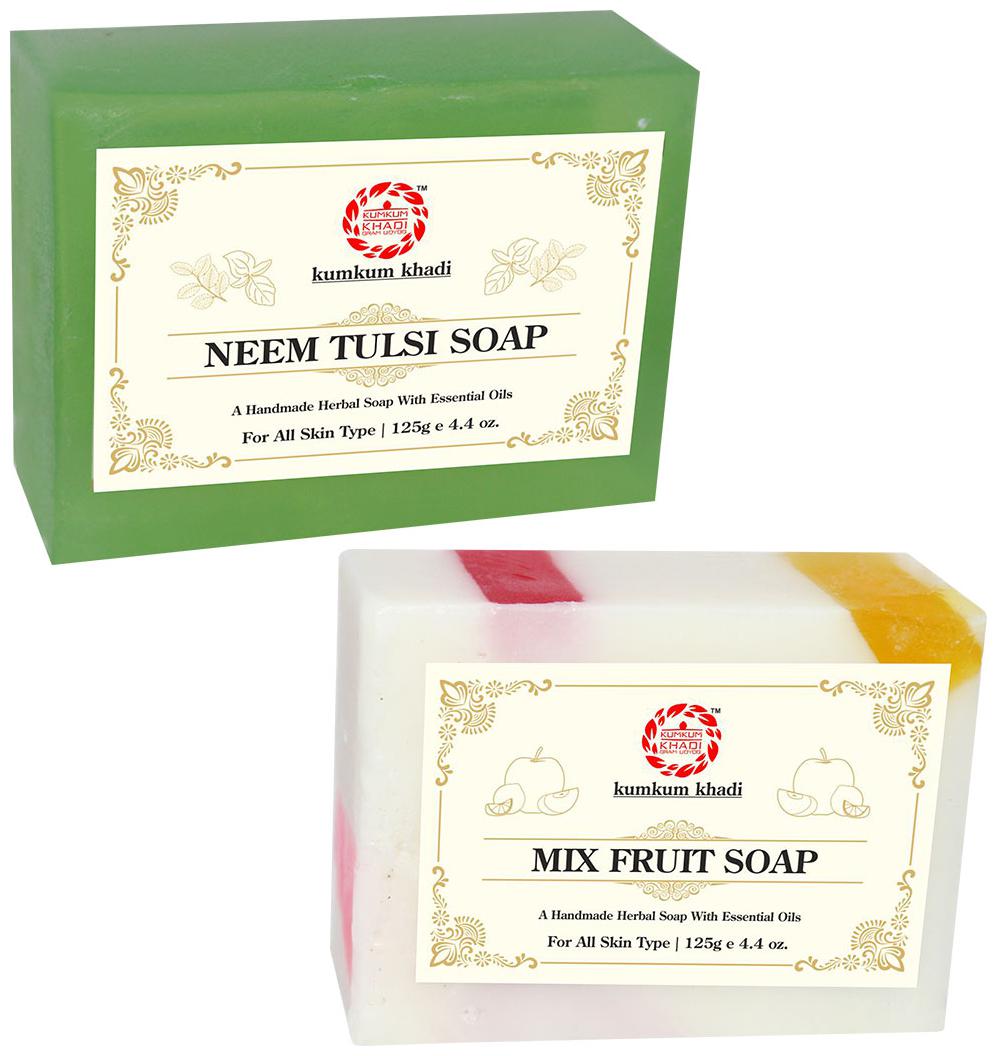 

Kumkum Khadi Herbal Neem Tulsi and Mix Fruit Soap 125 g Each ( Pack Of 2 )