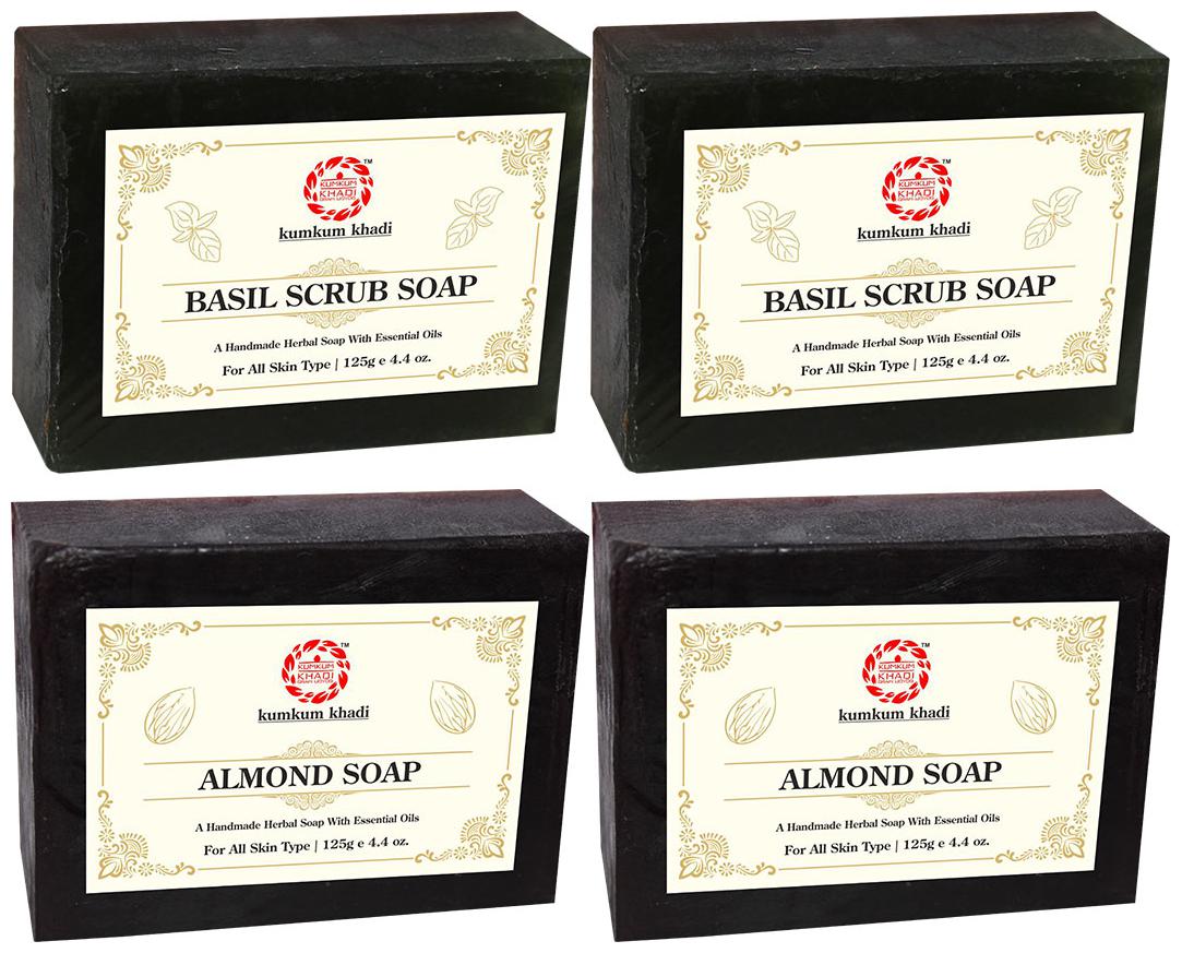 

Kumkum Khadi Herbal Basil Scrub and Almond Soap 125 g Each (Pack of 4)