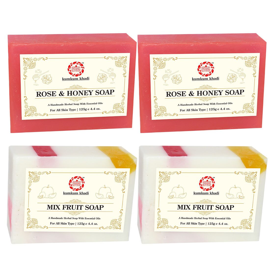 

Kumkum Khadi Herbal Rose Honey and Mix Fruit Soap 125g (Pack of 4)