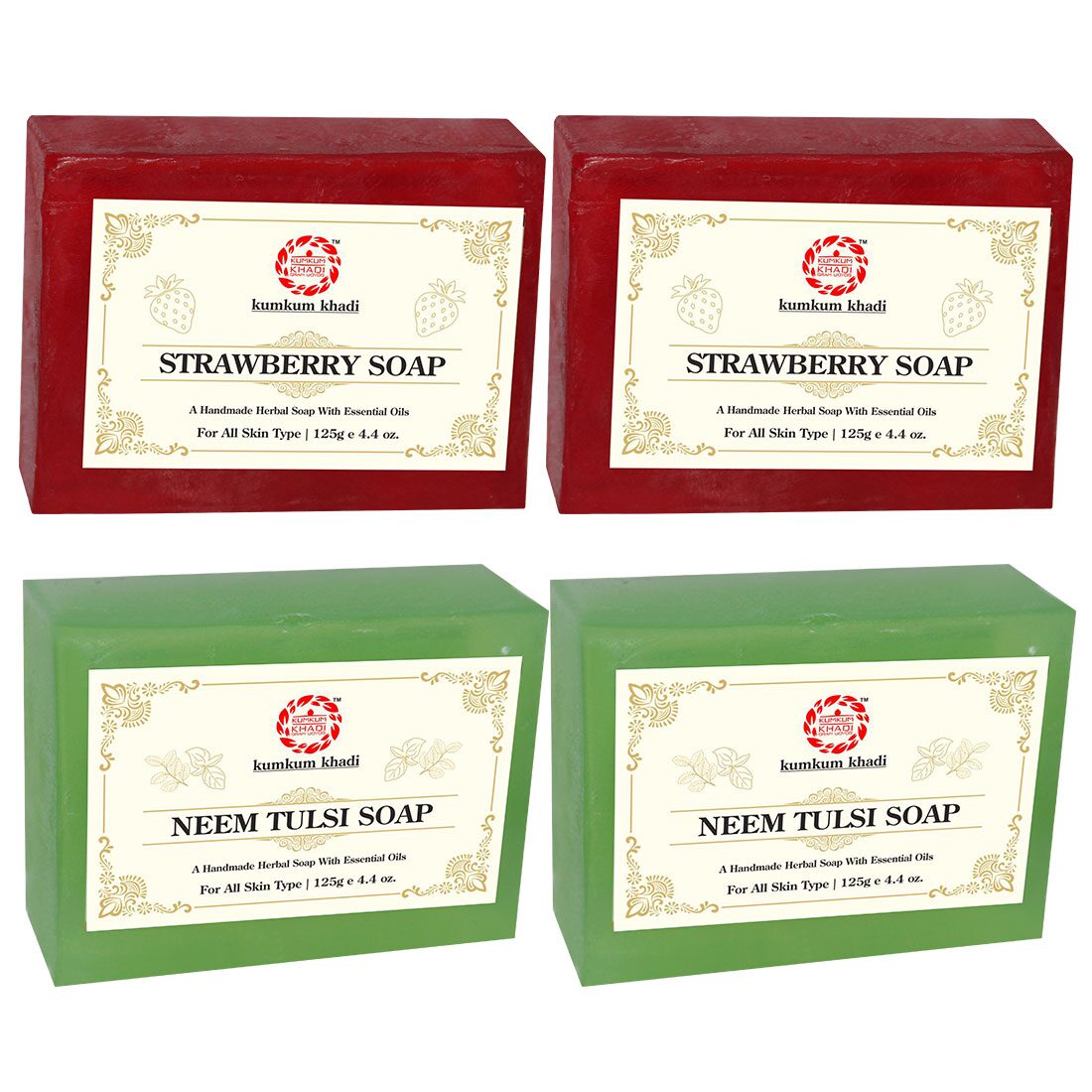 

Kumkum Khadi Herbal Strawberry and Neem Tulsi Soap 125g (Pack of 4)