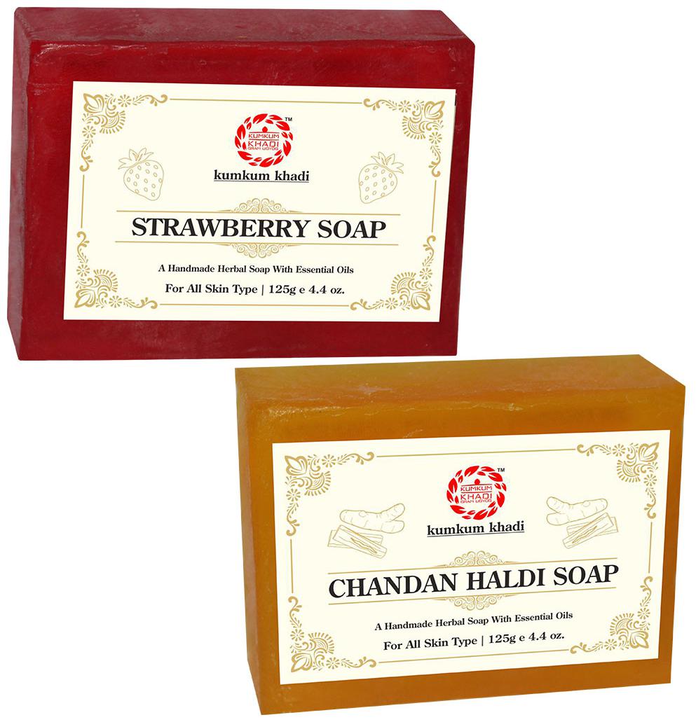 

Kumkum Khadi Herbal Strawberry 125g Chandan Haldi Soap 125g (Pack of 2)