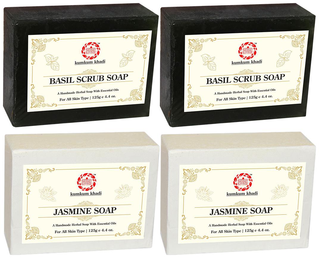 

Kumkum Khadi Herbal Basil Scrub and Jasmine Soap - Each 125g (Pack of 4)