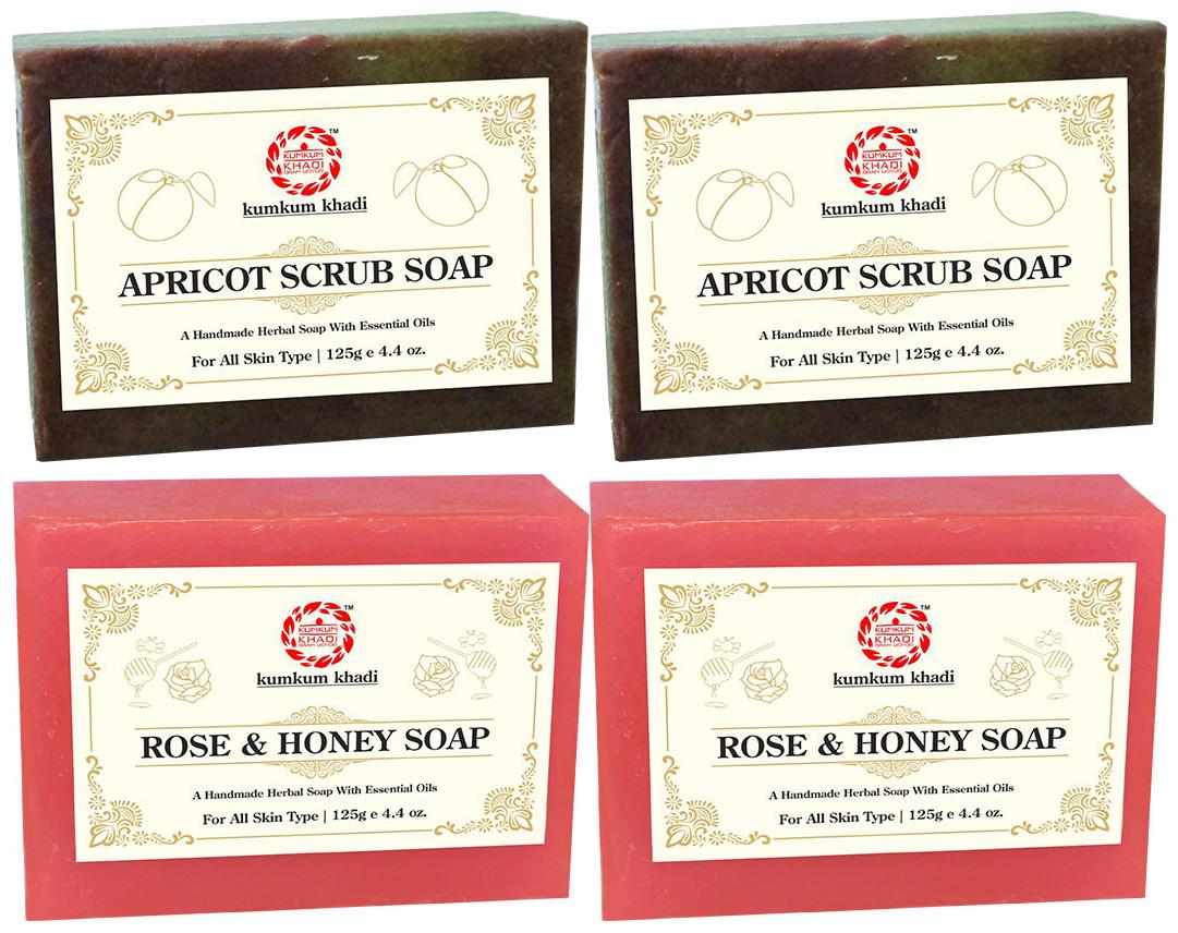 

Kumkum Khadi Herbal Apricot Scrub and Rose Honey Soap 125 g Each (Pack of 4)