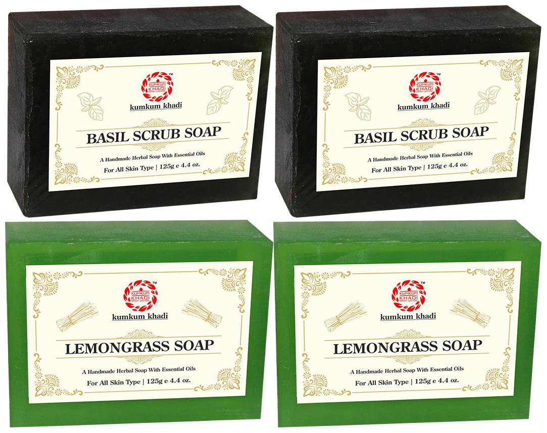 

Kumkum Khadi Herbal Basil Scrub and Lemongrass Soap Each 125g (Pack of 4)