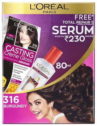 Buy L Oreal Paris Casting Creme Gloss Hair Colour 316 Burgundy With Free Total Repair 5 Serum 239 5 G Online At Low Prices In India Paytmmall Com
