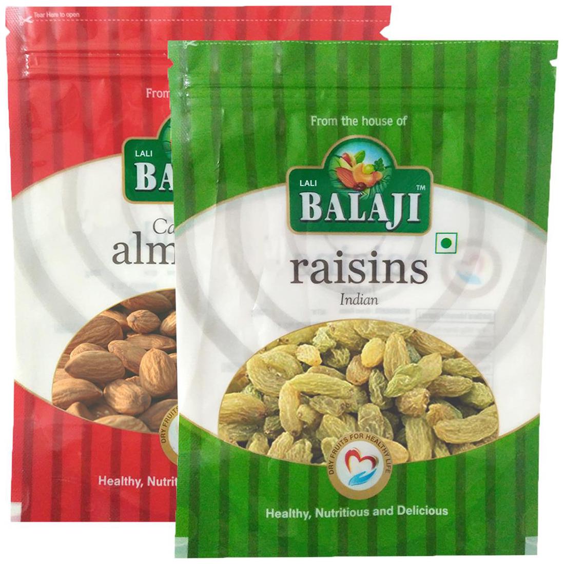 

Lali Balaji Calfornia Almonds Regular 200g Green Indian Raisins Kishmish 200g (Pack Of 2)