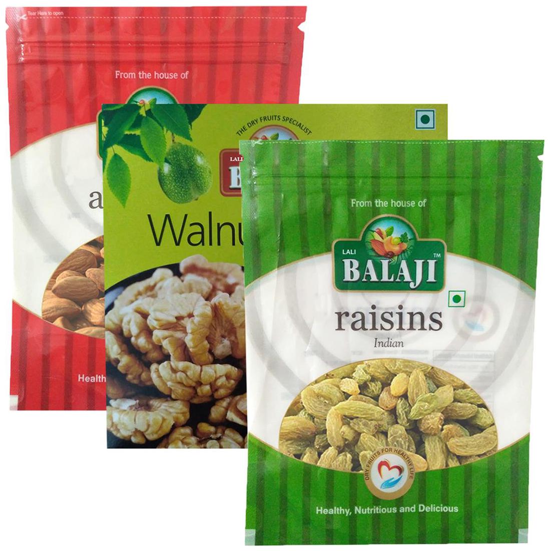 

Lali Balaji Calfornia Almonds Regular 200g Walnut Kernel Select Halves 250g Green Indian Raisins Kishmish 200g (Pack Of 3)