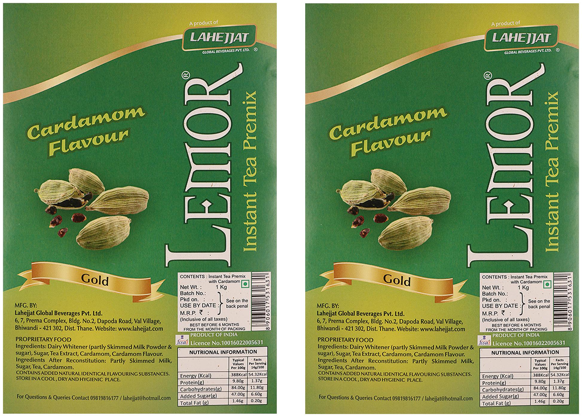 

Lemor Gold Cardamom Elaichi Flavour Instant Tea Premix 1kg x 2 Tea premix for vending machine Ready to drink tea