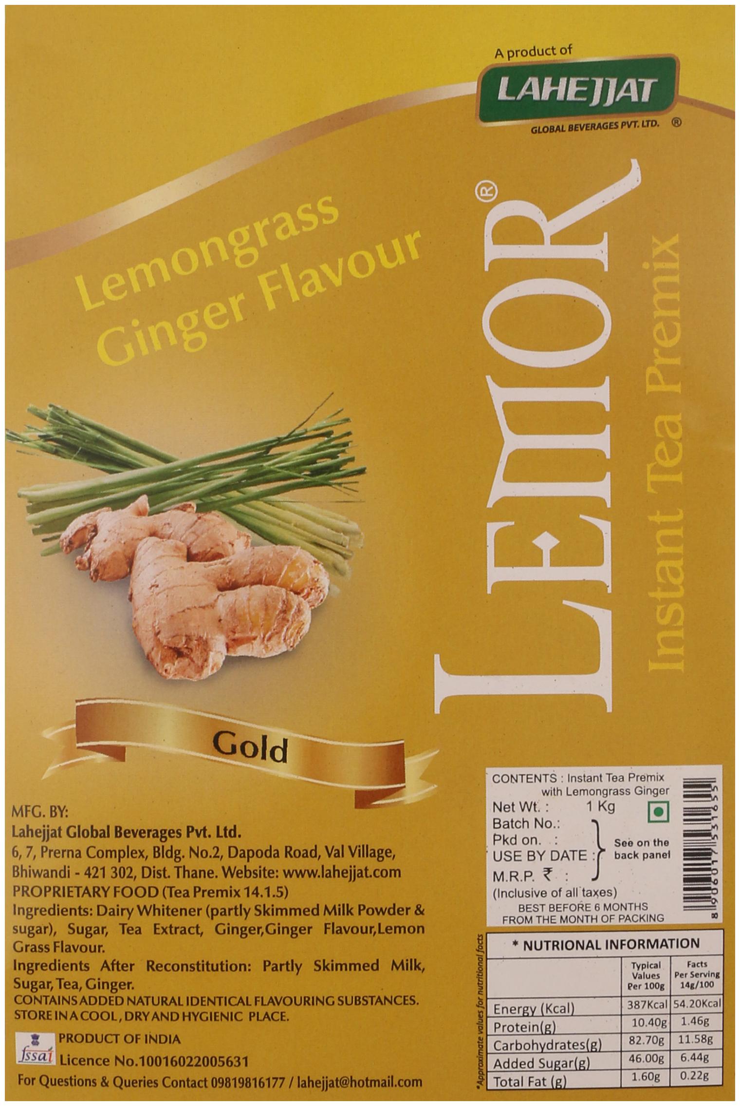 

Lemor Gold Lemongrass Ginger Flavour Instant Tea Premix 1 kg Premix Tea for Vending Machine Ready to drink tea