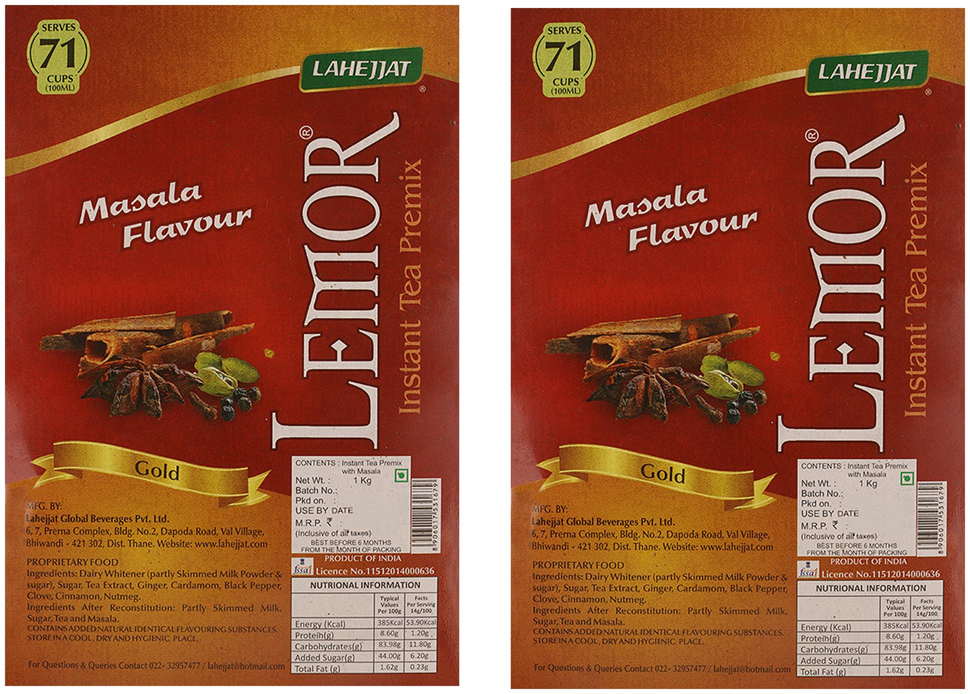 

Lemor Gold Masala Flavour Instant Tea Premix 1 kg x 2 Premix Tea for Vending Machine Ready to drink tea