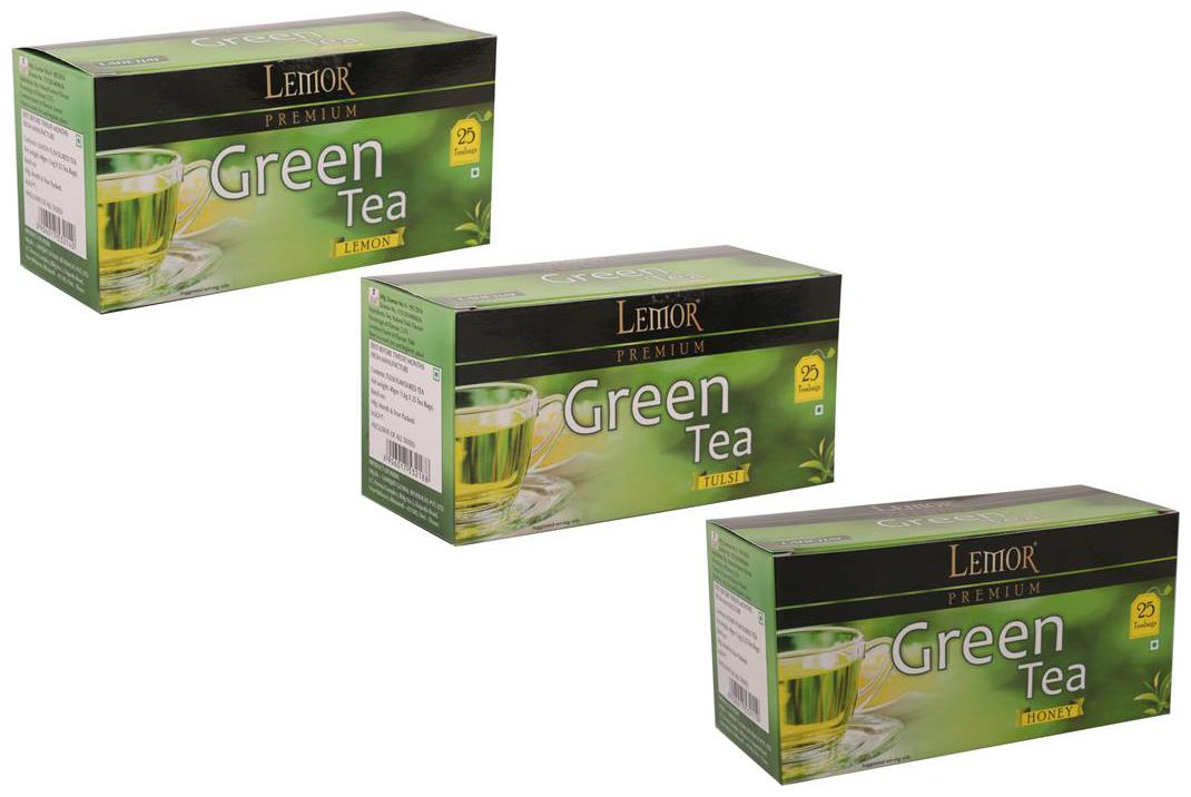 

Lemor Green Tea Pack of 3 Different Flavours - Honey Tulsi and Lemon (25 Tea Bags Each)