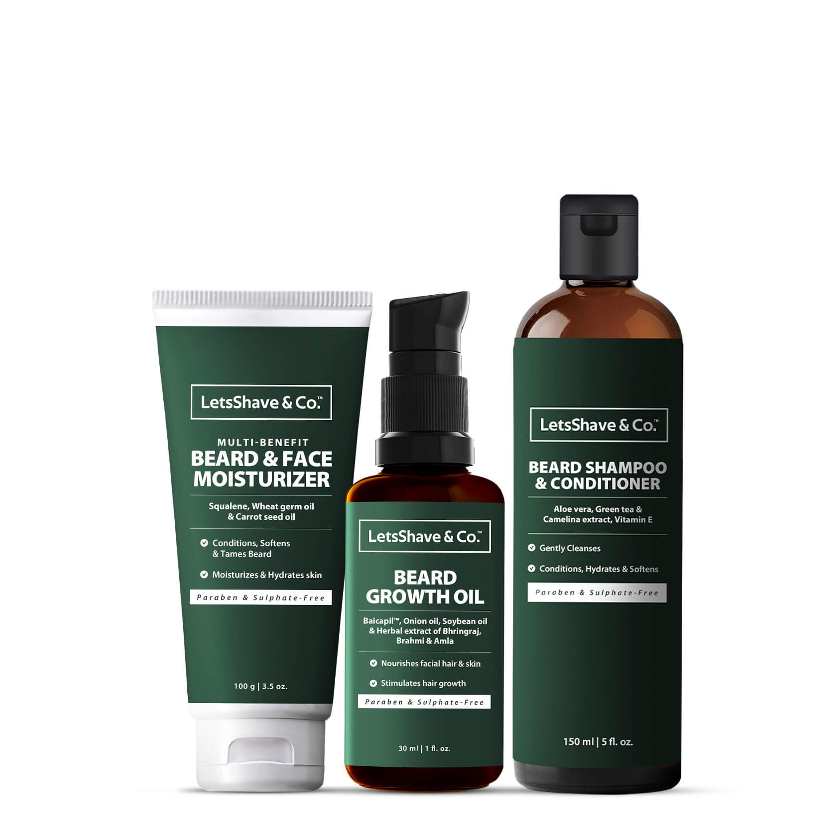 

LETSSHAVE Beard Care Kit for men Beard Growth Oil 30ml Beard Shampoo Conditioner 150ml Beard Face Moisturizer 100g (Pack Of 3)
