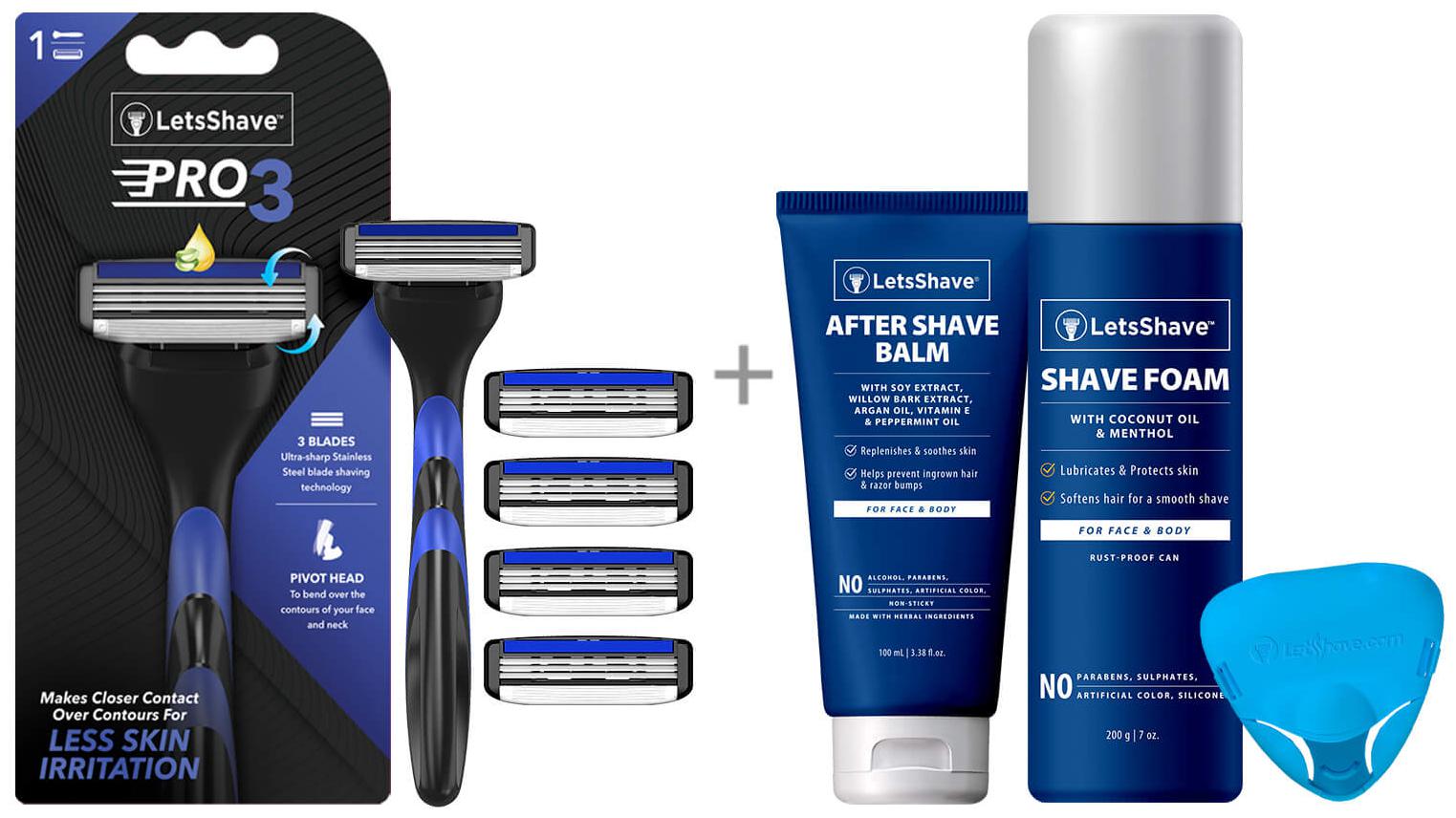 

LetsShave Pro 3 Shaving Razor With 4 Blades Razor Cap After Shave Balm and Shave Foam - 200 g