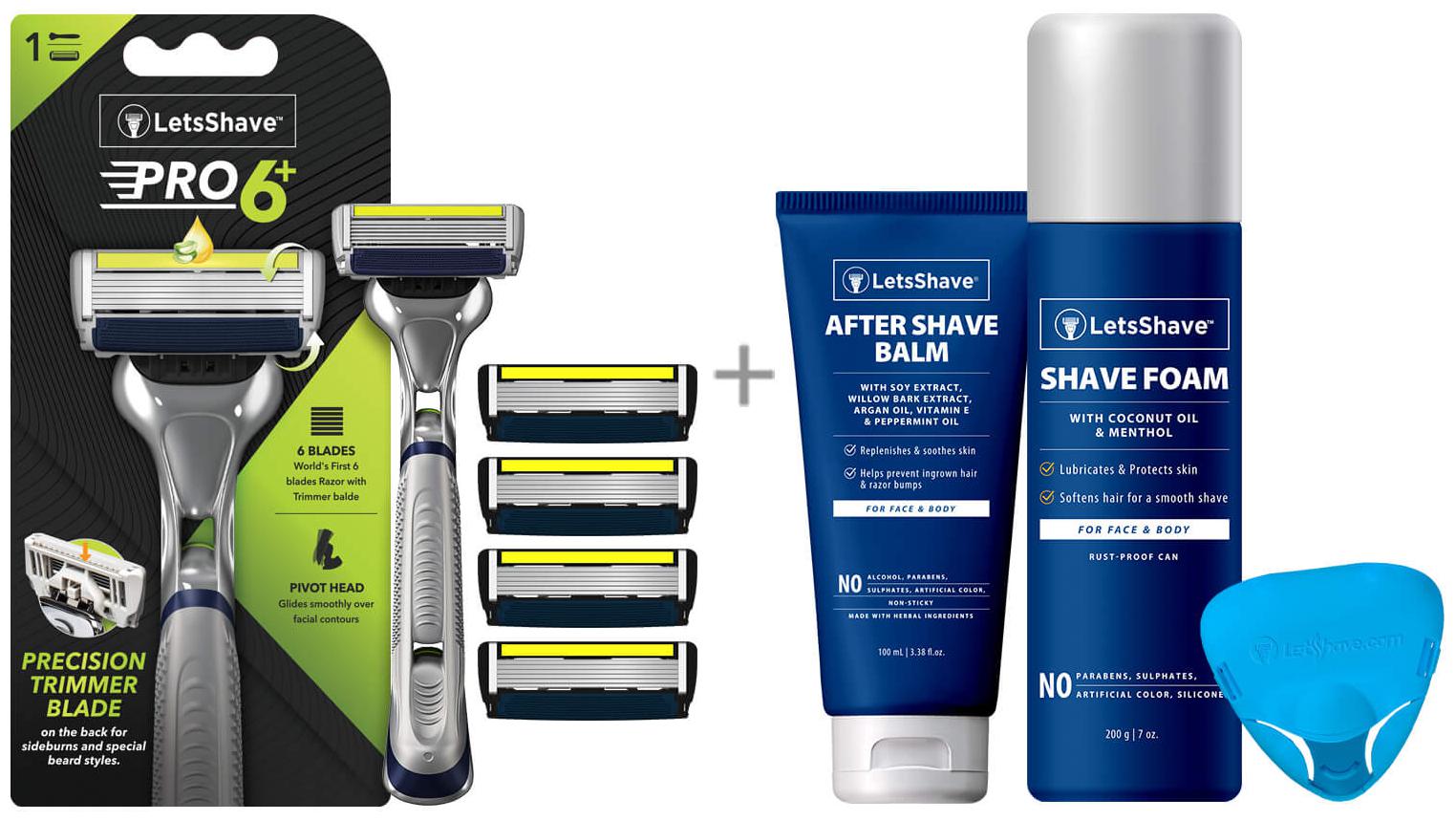

LetsShave Pro 6 Advance Shaving Razor With 4 Blades Razor Handle (Razor Cap Shave Foam - 200 g After Shave Balm)