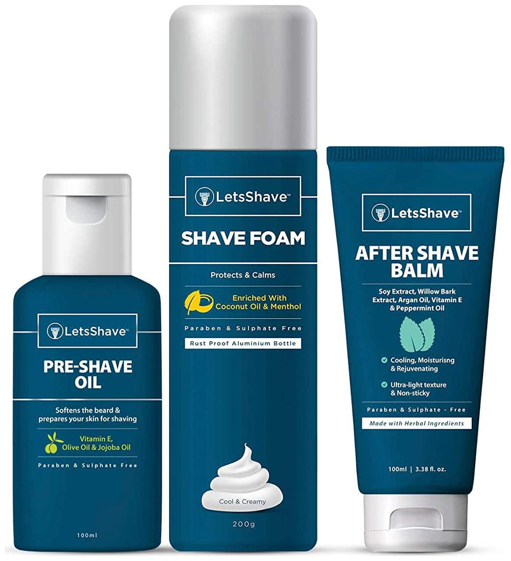 

LetsShave Premium Shave Care Kit (Pre Shave oil 100 ml Shave Foam- 200g AfterShave Balm 100 ml) Pack of 3