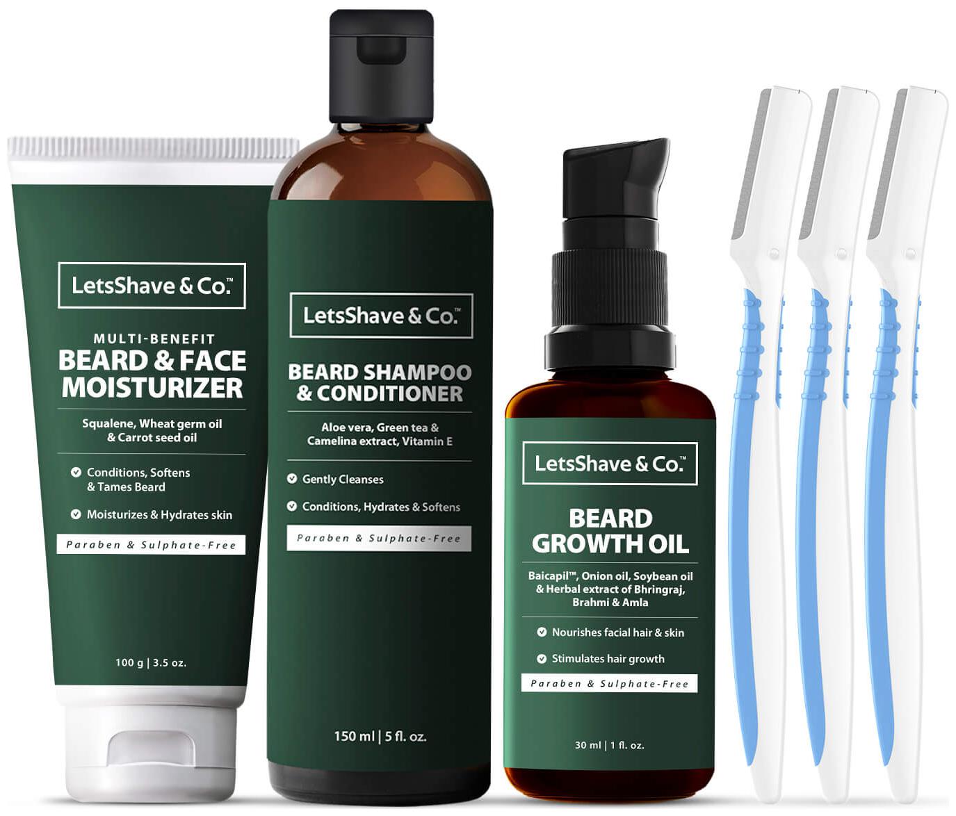 

LetsShave Style and Care Kit Beard Growth Oil 30ml Beard Shampoo Conditioner 150ml Beard Face Moisturizer 100g Beard Pen Styelr Pack of 3 Razor (Pack Of 4)