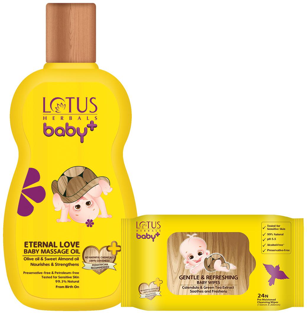 

Lotus Herbals Baby Combo Pack Eternal Love Baby Massage Oil Gentle and Refreshing Baby Wipes