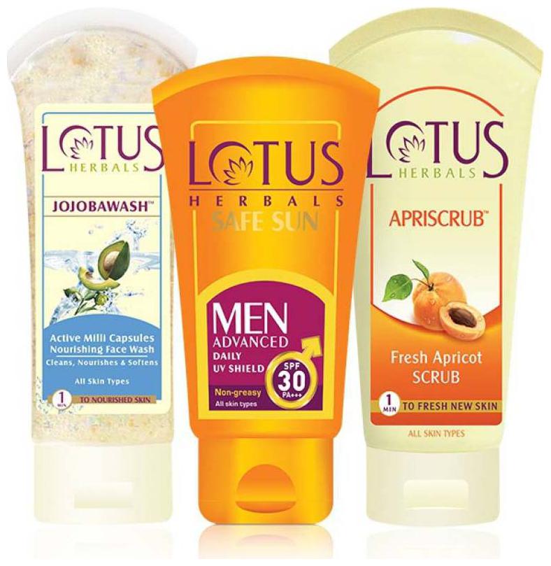 

Lotus Herbal Apri-Scrub Fresh Apricot Scrub 100g Lotus Herbals Jojoba Wash Active Milli Capsules Nourishing Face Wash 80 g Lotus Herbals Safe Sun Men Advance Daily UV shield creme 100 g combo