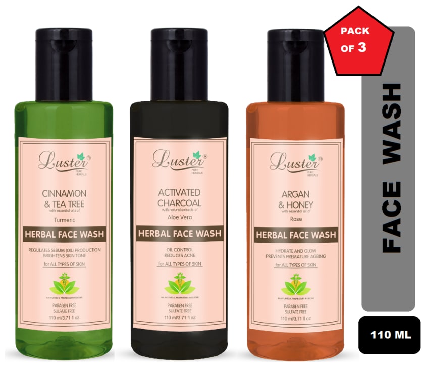 

Luster Cinnamon Tea Tree Activated Charcoal (Aloevera) Argan Honey Face Wash (Pack of 3-110 ml each)