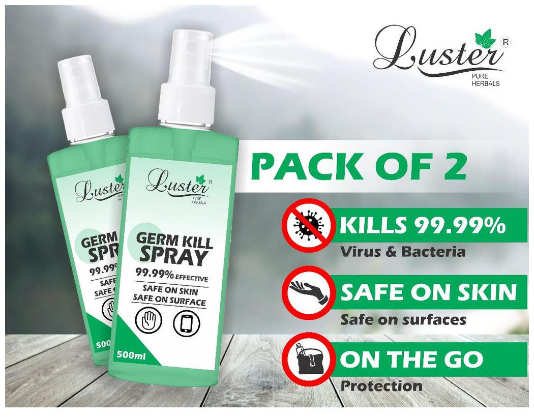

Luster Germ Kill Spray 99 99 Effective Sanitizer (Safe on Skin Safe on Surface) 500 ml Sanitizer (Pack of 2)