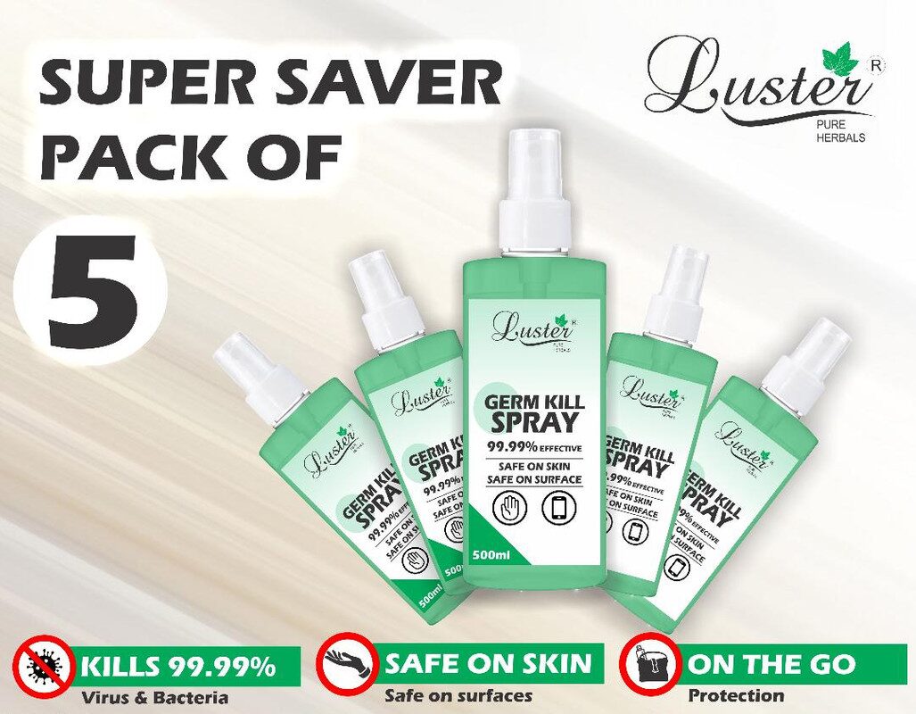 

Luster Germ Kill Spray 99 99 Effective Sanitizer (Safe on Skin Safe on Surface) 500 ml Sanitizer (Pack of 5)