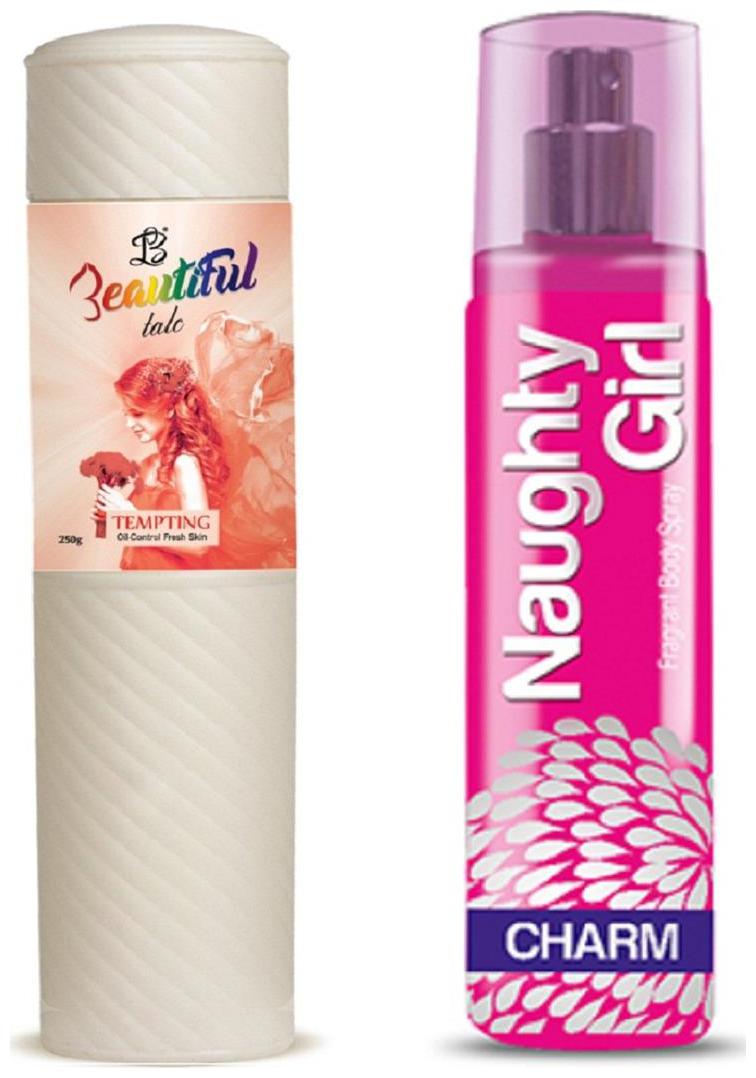 

BEAUTIFUL TEMPTING Perfumed Talc Floral 250g Naughty Girl CHARM No Gas Perfume Spray 135 ml (Pack of 2 for Women)