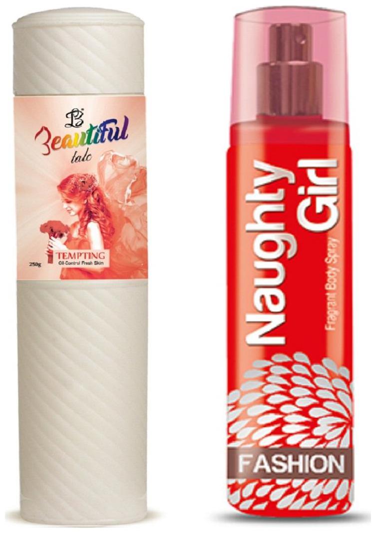 

BEAUTIFUL TEMPTING Perfumed Talc Floral 250g Naughty Girl FASHION No Gas Perfume Spray 135 ml (Pack of 2 for Women)