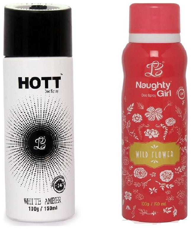 

HOTT Mens WHITE AMBER Naughty Girl WILD FLOWER (Pack of 2 Gas Deodorant for Couple) (150ml each)