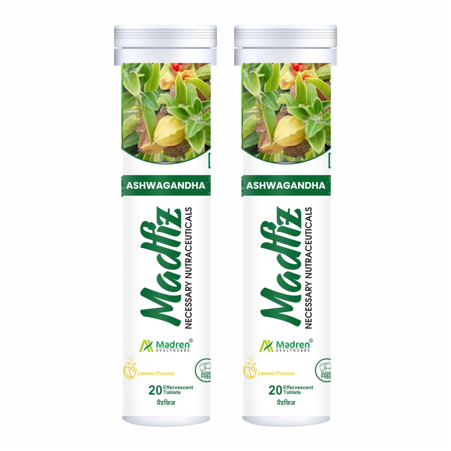 

Madren Healthcare MadFiz Ashwagandha General Wellness Vegetarian 20 Effervescent Lemon Flavour Tablets (Pack of 2)