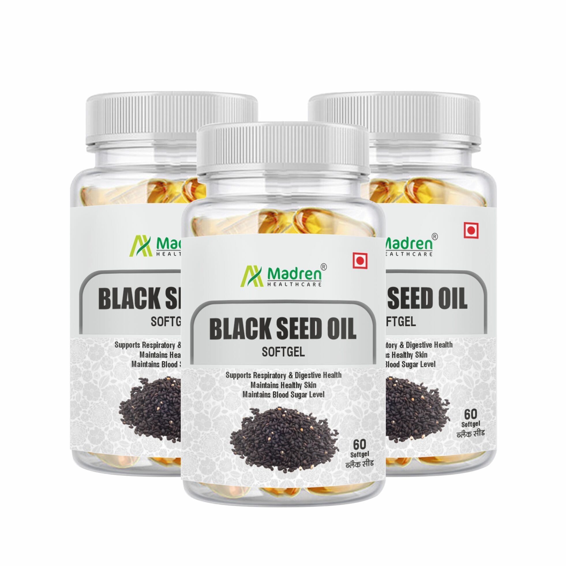 

Madren Healthcare Black Seed Kalaunji Oil 500mg Softgel for better Digestive Health Respiratory health better Skin (Pack of 3)