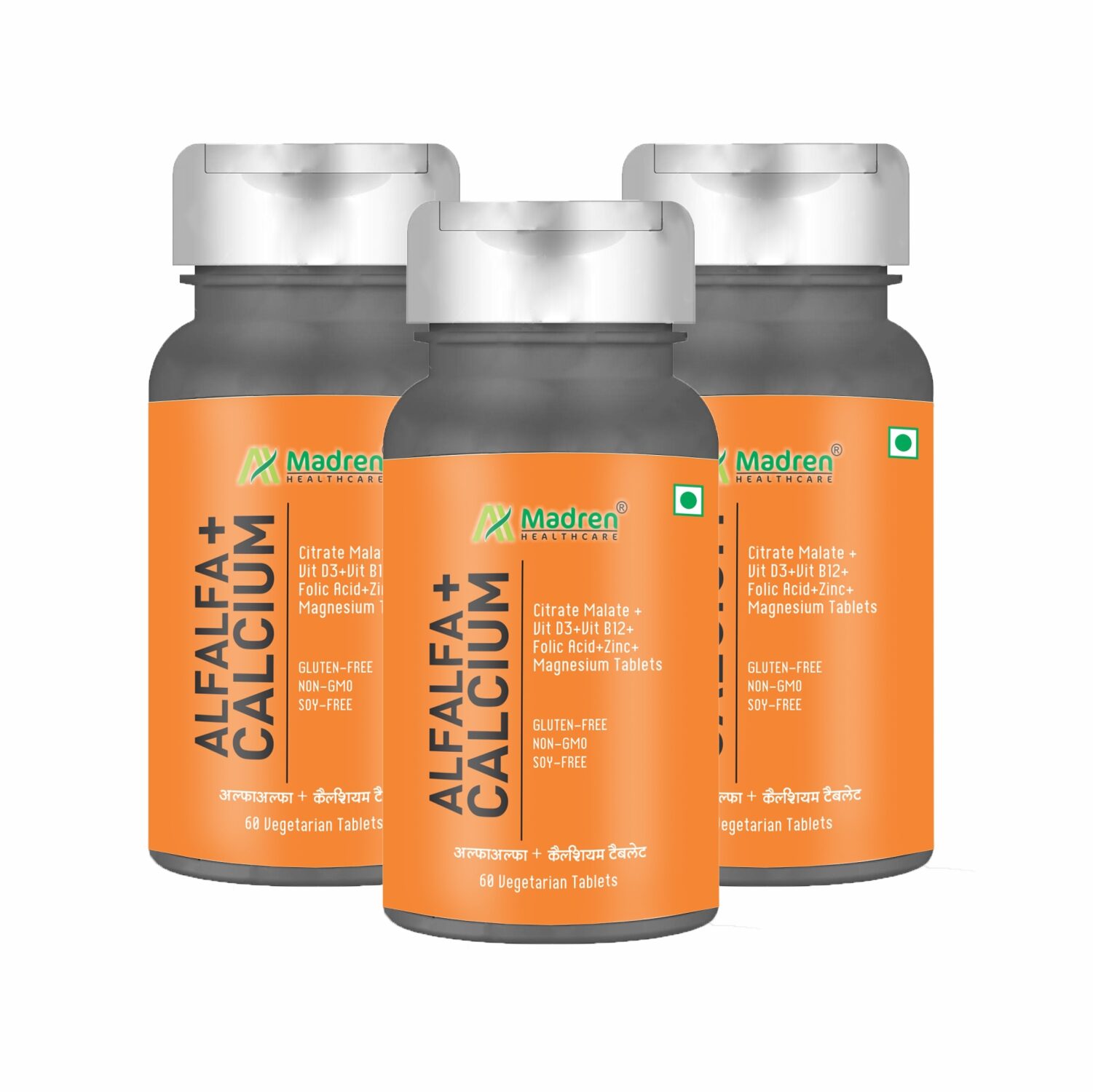 

Madren Healthcare Alfalfa Calcium Citrate Malate with Vitamin D3 Zn mg B12 60 Vegetarian Tablets (Pack of 3)