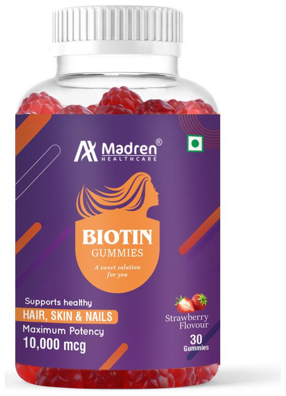 

Madren Healthcare Biotin Gummies for Skin Nails Hair - Multivitamin Herbal Dietary Supplement 30 Gummies (10000 mcg) Pack of 1