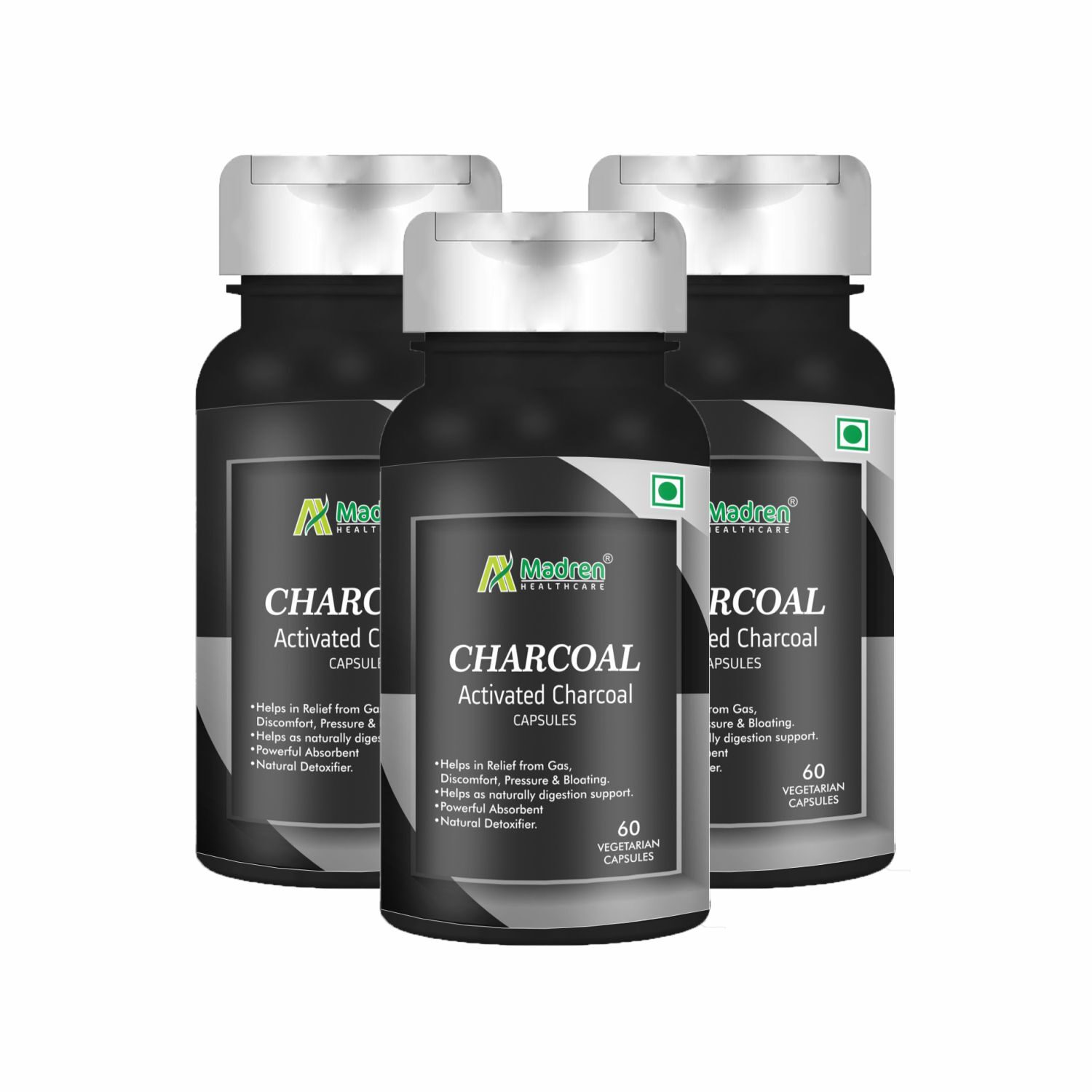 

Madren Healthcare Activated Charcoal 1000mg - 60 Vegetarian Capsules (Pack of 3)