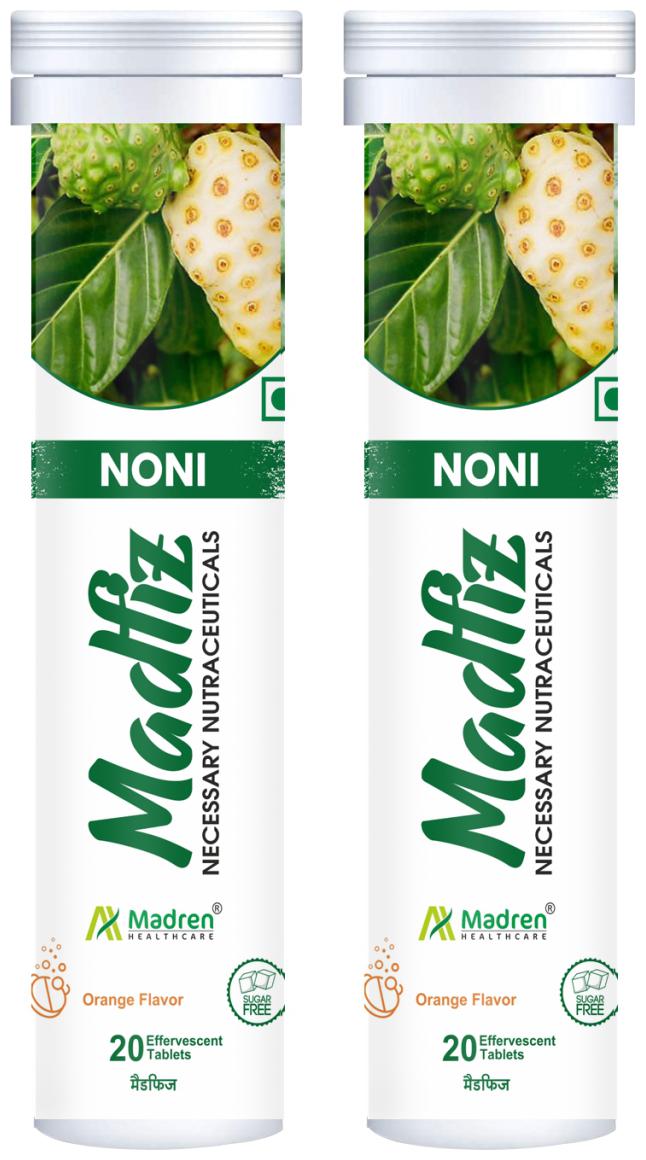 

Madren Healthcare MadFiz Noni Vegetarian Effervescent With Orange Flavour 20 Tablets (Pack of 2)