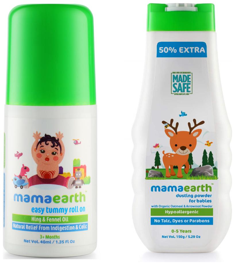 

Mamaearth Easy baby Tummy Roll On for Digestion Colic Relief with Hing Fennel 40ml and Talc Free Organic Dusting Powder with Arrowroot Oat Starch 150g (Pack of 2)